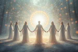 Cercle de familles d'âmes réunies autour d'une lumière spirituelle